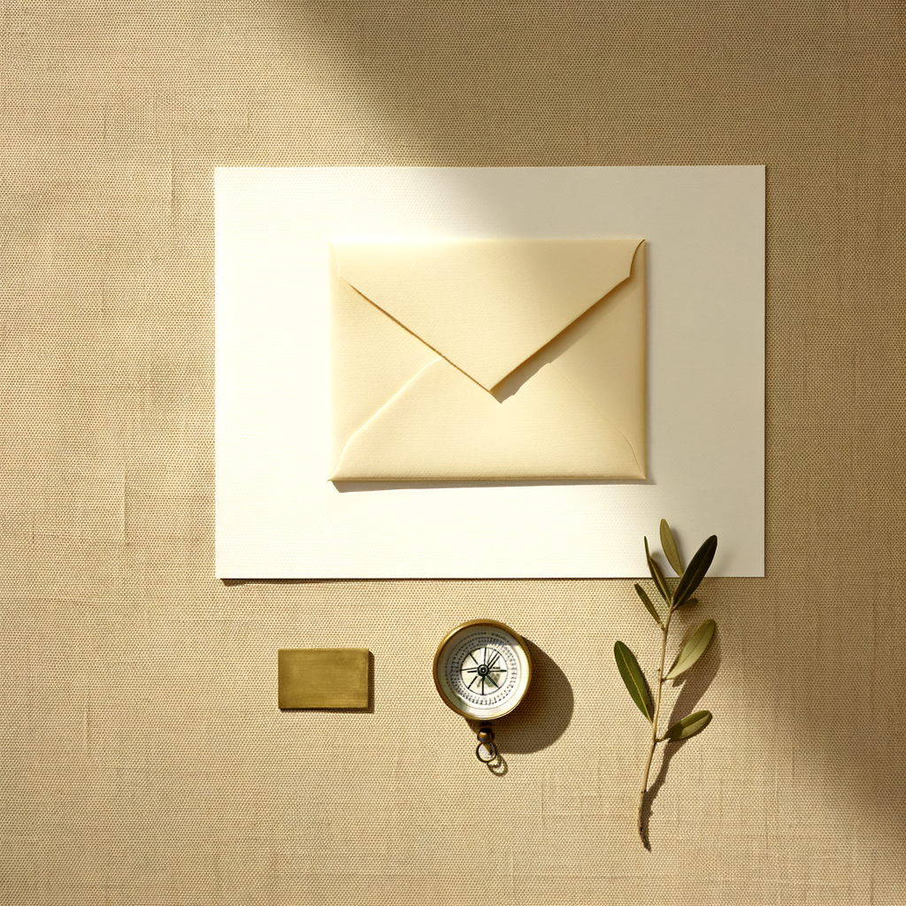 מכתב מקופל, ענף זית ומצפן ברונזה על בד פשתן.