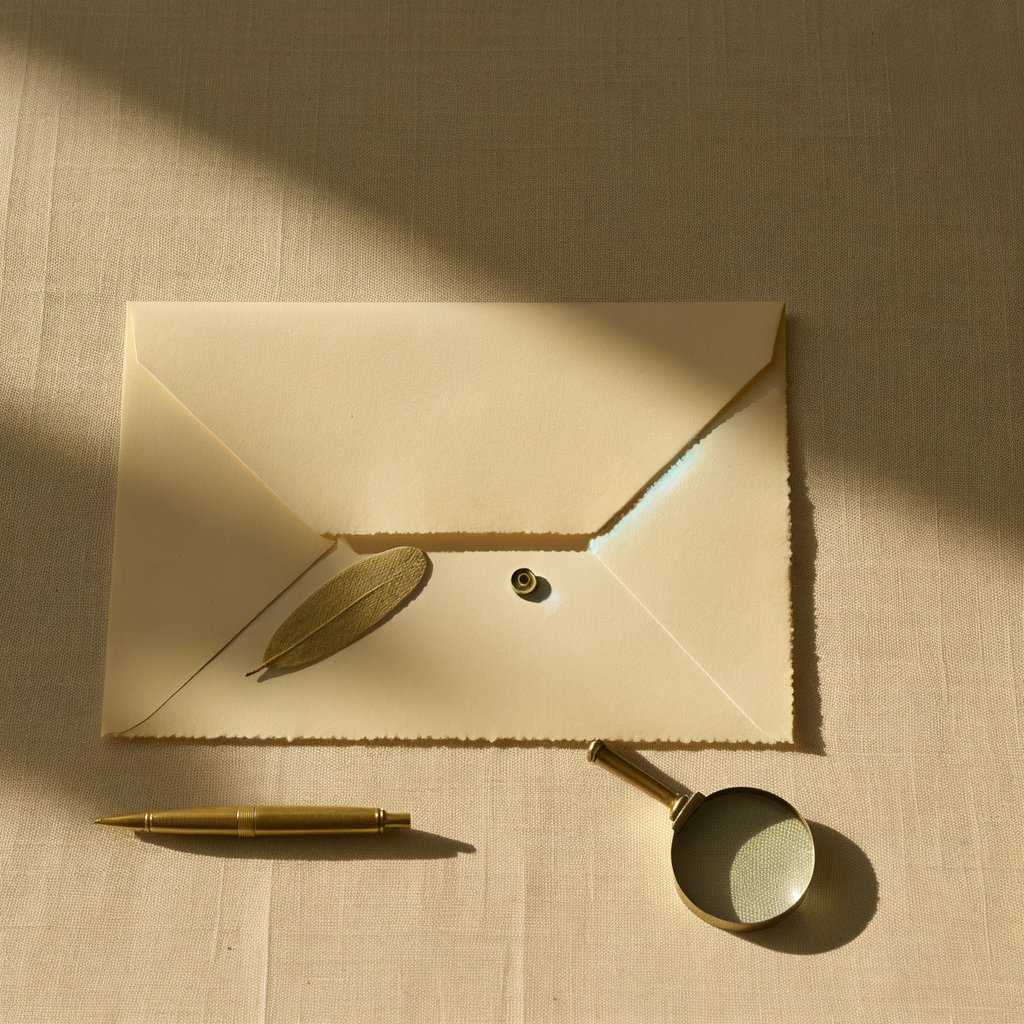 מסמך מקופל, עט ברונזה, זכוכית מגדלת ועלה זית על בד פשתן.