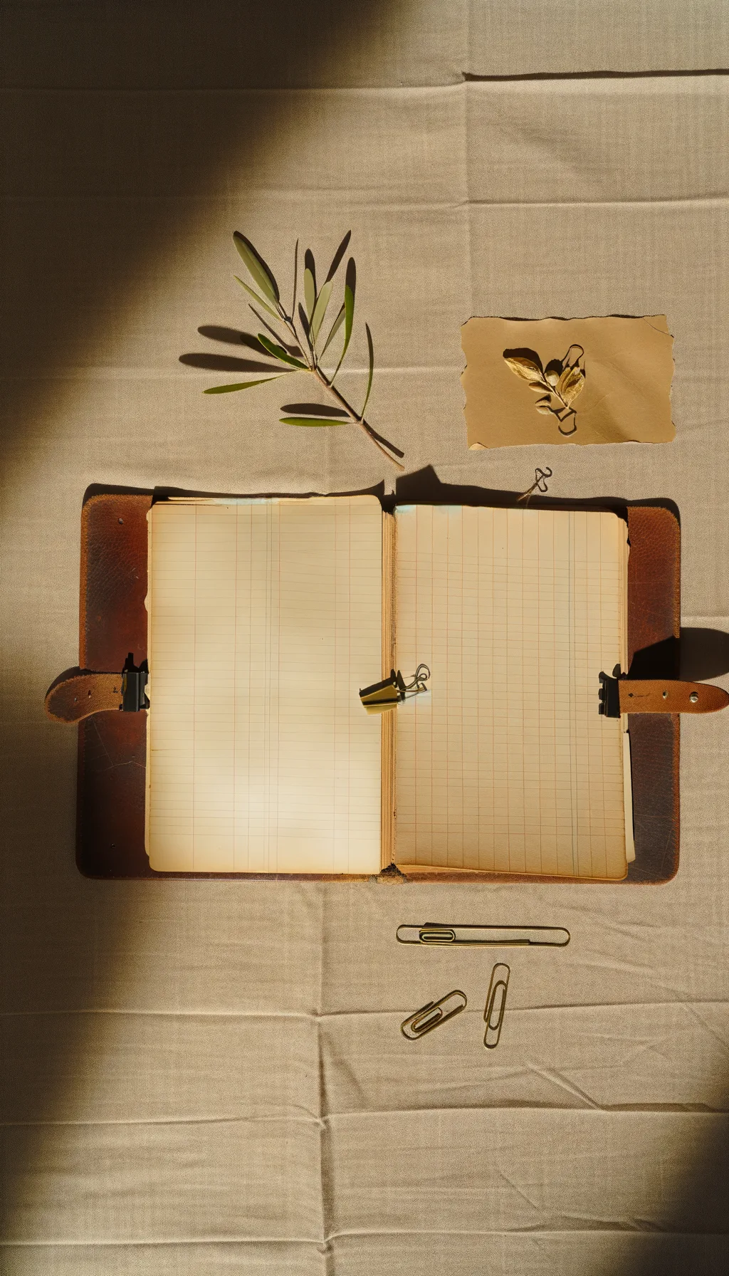 ספר ארכיון פתוח עם ענף זית ואטב ברונזה על בד פשתן.