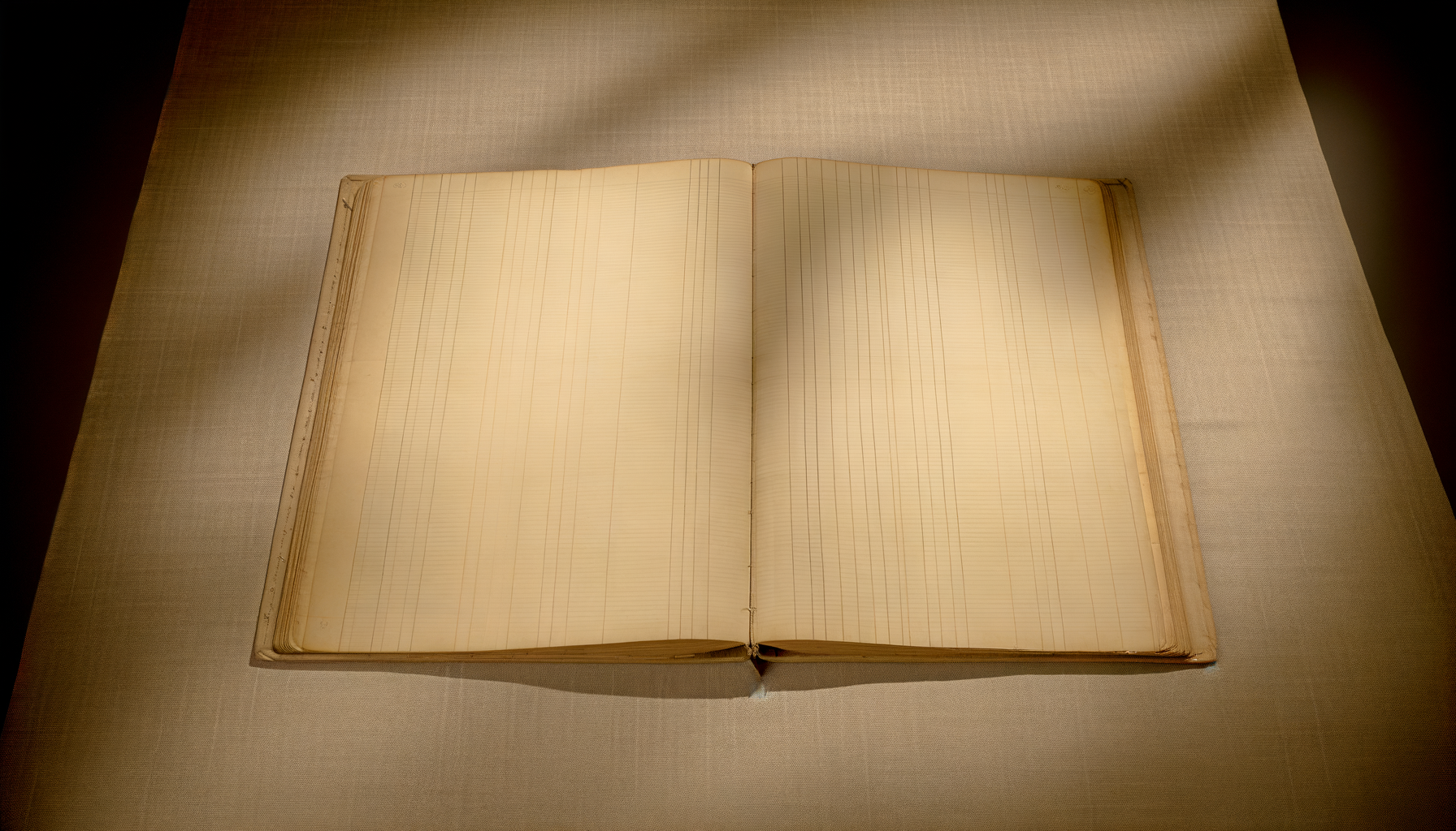 פנקס ארכיון פתוח על בד פשתן, עם שורות דקות ומרווחות.