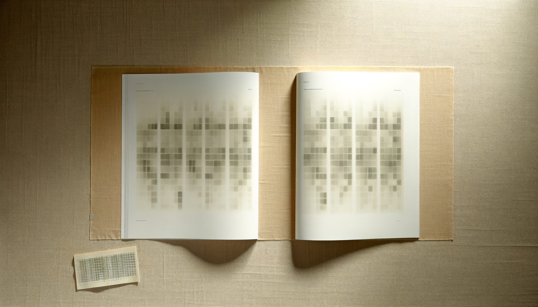 ספר דוח שנתי פתוח על בד פשתן עם טורי מספרים מטושטשים.