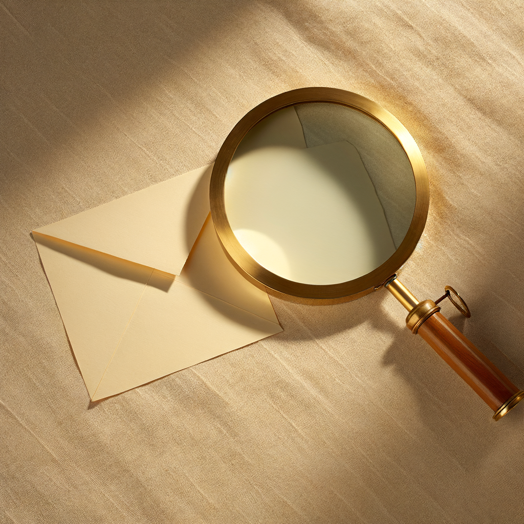 זכוכית מגדלת על מסמך מקופל, בד פשתן ברקע.