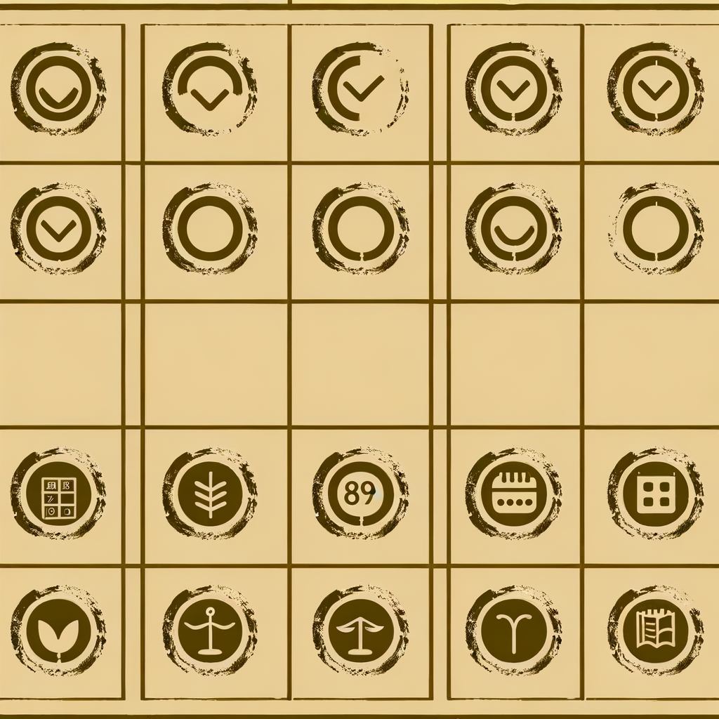 שש חותמות דיו: אישור, איזון, מגן, לוח שנה, ספר ועלה.